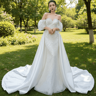 Beaded Modern Off the Shoulder Wedding Dress with Detachable Skirt - Rosymae