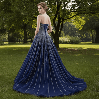 Beaded Navy Blue Wedding Dress Strapless Formal Prom Ball Gowns - Rosymae