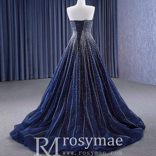 Beaded Navy Blue Wedding Dress Strapless Formal Prom Ball Gowns - Rosymae
