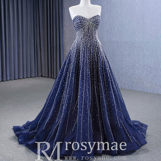 Beaded Navy Blue Wedding Dress Strapless Formal Prom Ball Gowns - Rosymae