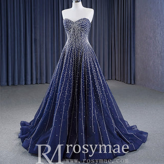 Beaded Navy Blue Wedding Dress Strapless Formal Prom Ball Gowns - Rosymae