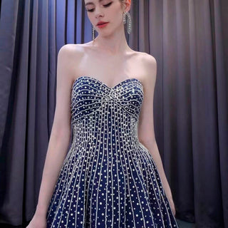 Beaded Navy Blue Wedding Dress Strapless Formal Prom Ball Gowns - Rosymae