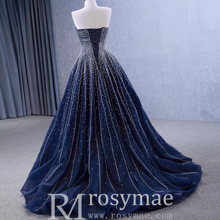Beaded Navy Blue Wedding Dress Strapless Formal Prom Ball Gowns - Rosymae