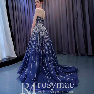 Beaded Navy Blue Wedding Dress Strapless Formal Prom Ball Gowns - Rosymae