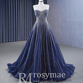 Beaded Navy Blue Wedding Dress Strapless Formal Prom Ball Gowns - Rosymae