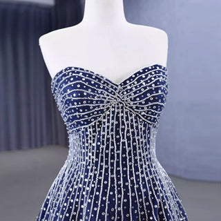 Beaded Navy Blue Wedding Dress Strapless Formal Prom Ball Gowns - Rosymae