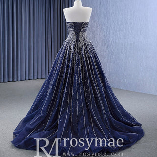 Beaded Navy Blue Wedding Dress Strapless Formal Prom Ball Gowns - Rosymae