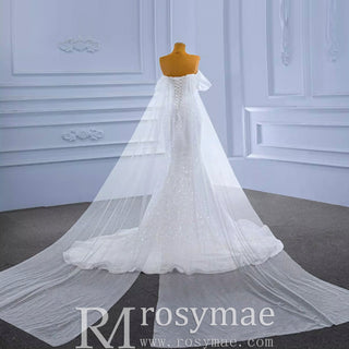 Beaded Off the Shoulder Mermaid Wedding Dress with Long Cape Sleeve - Rosymae