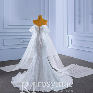 Beaded Off the Shoulder Mermaid Wedding Dress with Long Cape Sleeve - Rosymae
