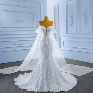 Beaded Off the Shoulder Mermaid Wedding Dress with Long Cape Sleeve - Rosymae