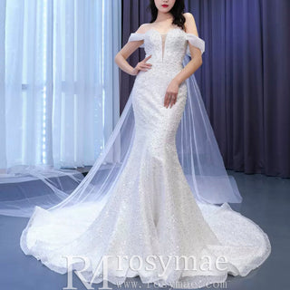 Beaded Off the Shoulder Mermaid Wedding Dress with Long Cape Sleeve - Rosymae