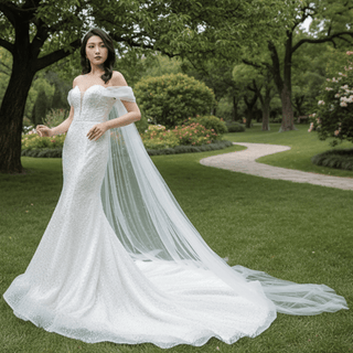 Beaded Off the Shoulder Mermaid Wedding Dress with Long Cape Sleeve - Rosymae