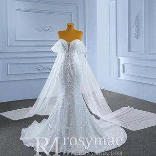 Beaded Off the Shoulder Mermaid Wedding Dress with Long Cape Sleeve - Rosymae