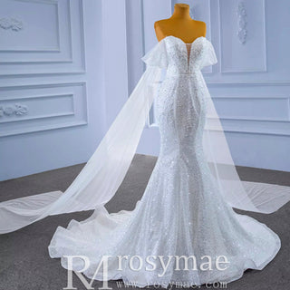 Beaded Off the Shoulder Mermaid Wedding Dress with Long Cape Sleeve - Rosymae