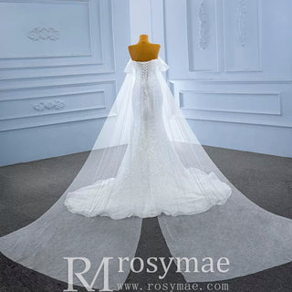 Beaded Off the Shoulder Mermaid Wedding Dress with Long Cape Sleeve - Rosymae