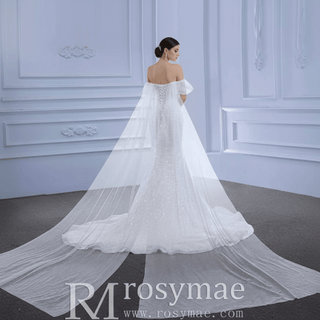 Beaded Off the Shoulder Mermaid Wedding Dress with Long Cape Sleeve - Rosymae