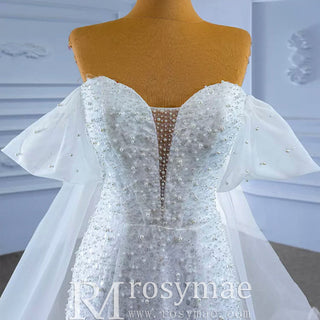 Beaded Off the Shoulder Mermaid Wedding Dress with Long Cape Sleeve - Rosymae