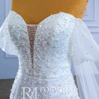 Beaded Off the Shoulder Mermaid Wedding Dress with Long Cape Sleeve - Rosymae