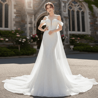 Beaded Off the Shoulder Mermaid Wedding Dress with Long Cape Sleeve - Rosymae