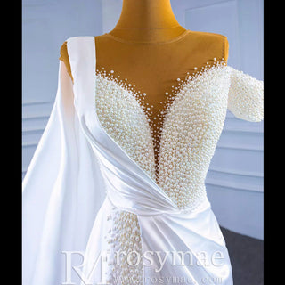 Beaded Pearl Mermaid Satin Wedding Dress with High Back - Rosymae