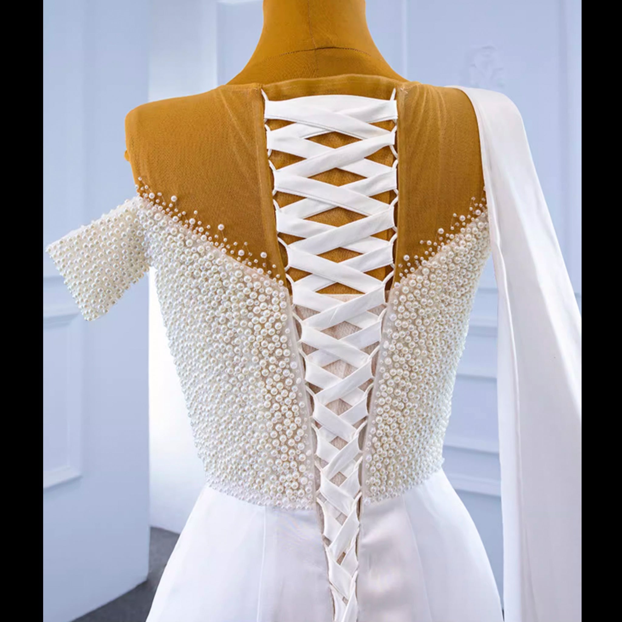 Beaded Pearl Mermaid Satin Wedding Dress with High Back - Rosymae