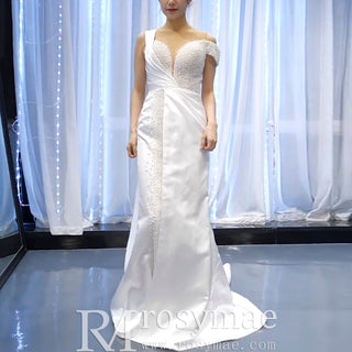 Beaded Pearl Mermaid Satin Wedding Dress with High Back - Rosymae