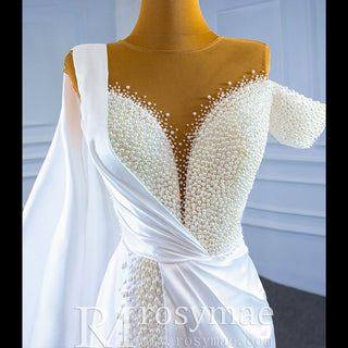 Beaded Pearl Mermaid Satin Wedding Dress with High Back - Rosymae
