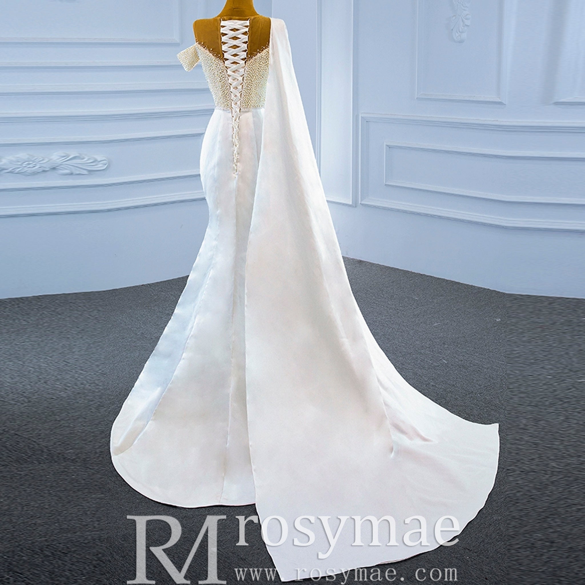 Beaded Pearl Mermaid Satin Wedding Dress with High Back - Rosymae