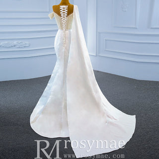 Beaded Pearl Mermaid Satin Wedding Dress with High Back - Rosymae