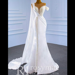 Beaded Pearl Mermaid Satin Wedding Dress with High Back - Rosymae