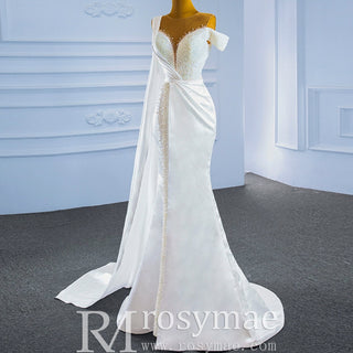 Beaded Pearl Mermaid Satin Wedding Dress with High Back - Rosymae