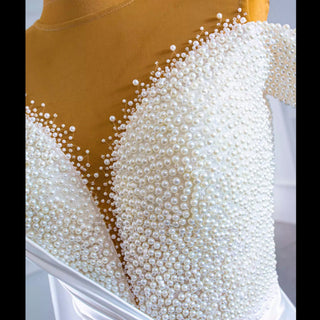 Beaded Pearl Mermaid Satin Wedding Dress with High Back - Rosymae
