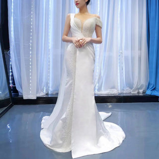 Beaded Pearl Mermaid Satin Wedding Dress with High Back - Rosymae