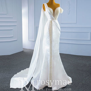 Beaded Pearl Mermaid Satin Wedding Dress with High Back - Rosymae