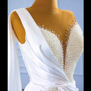 Beaded Pearl Mermaid Satin Wedding Dress with High Back - Rosymae