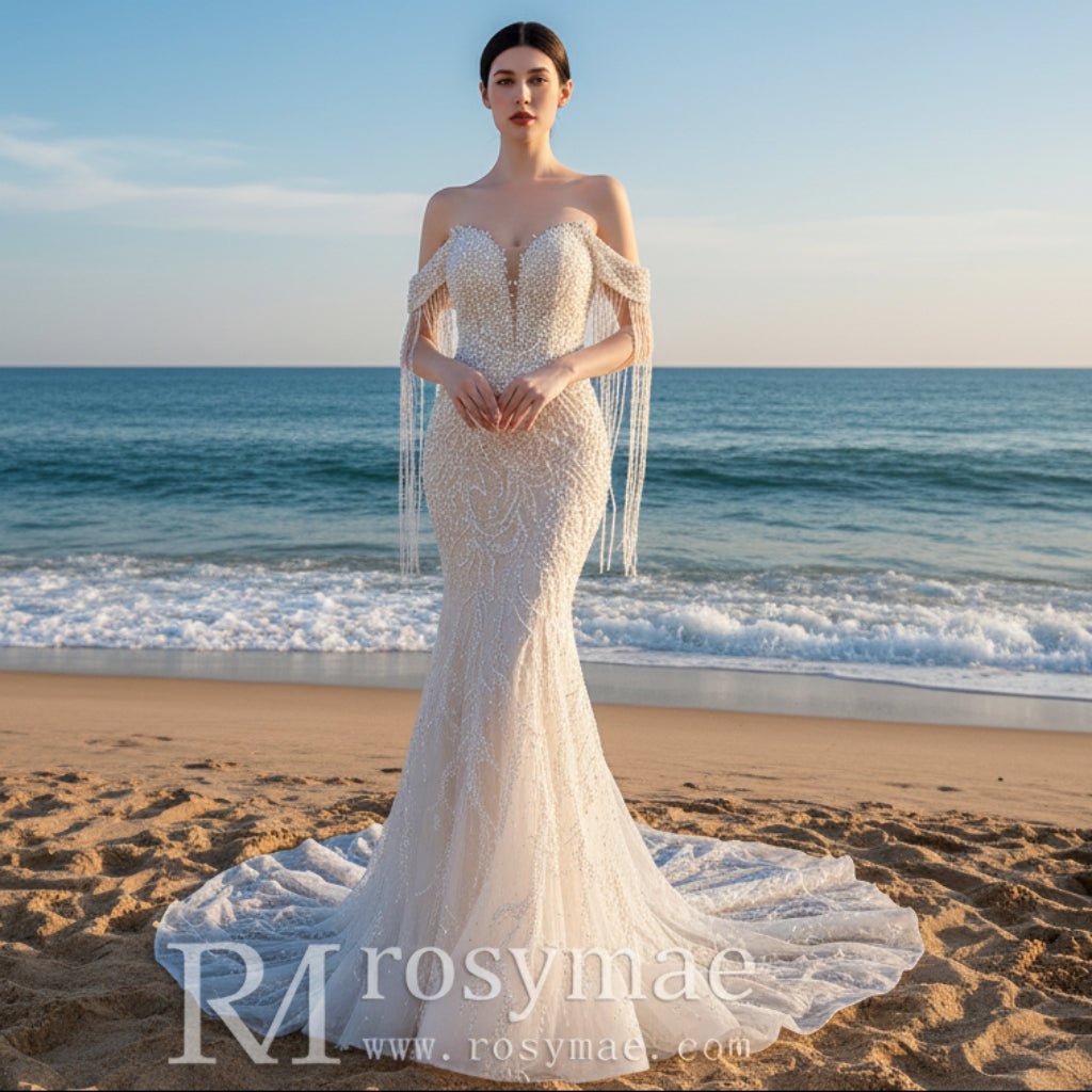 Beaded Pearl Mermaid Wedding Dress Bridal Dress with Off the Shoulder - Rosymae
