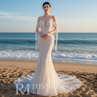 Beaded Pearl Mermaid Wedding Dress Bridal Dress with Off the Shoulder - Rosymae