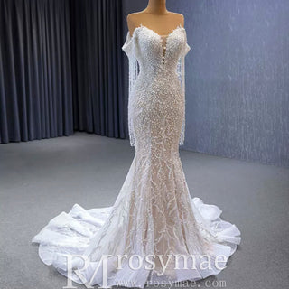 Beaded Pearl Mermaid Wedding Dress Bridal Dress with Off the Shoulder - Rosymae
