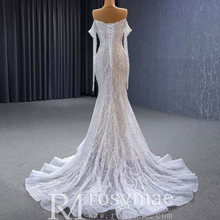 Beaded Pearl Mermaid Wedding Dress Bridal Dress with Off the Shoulder - Rosymae