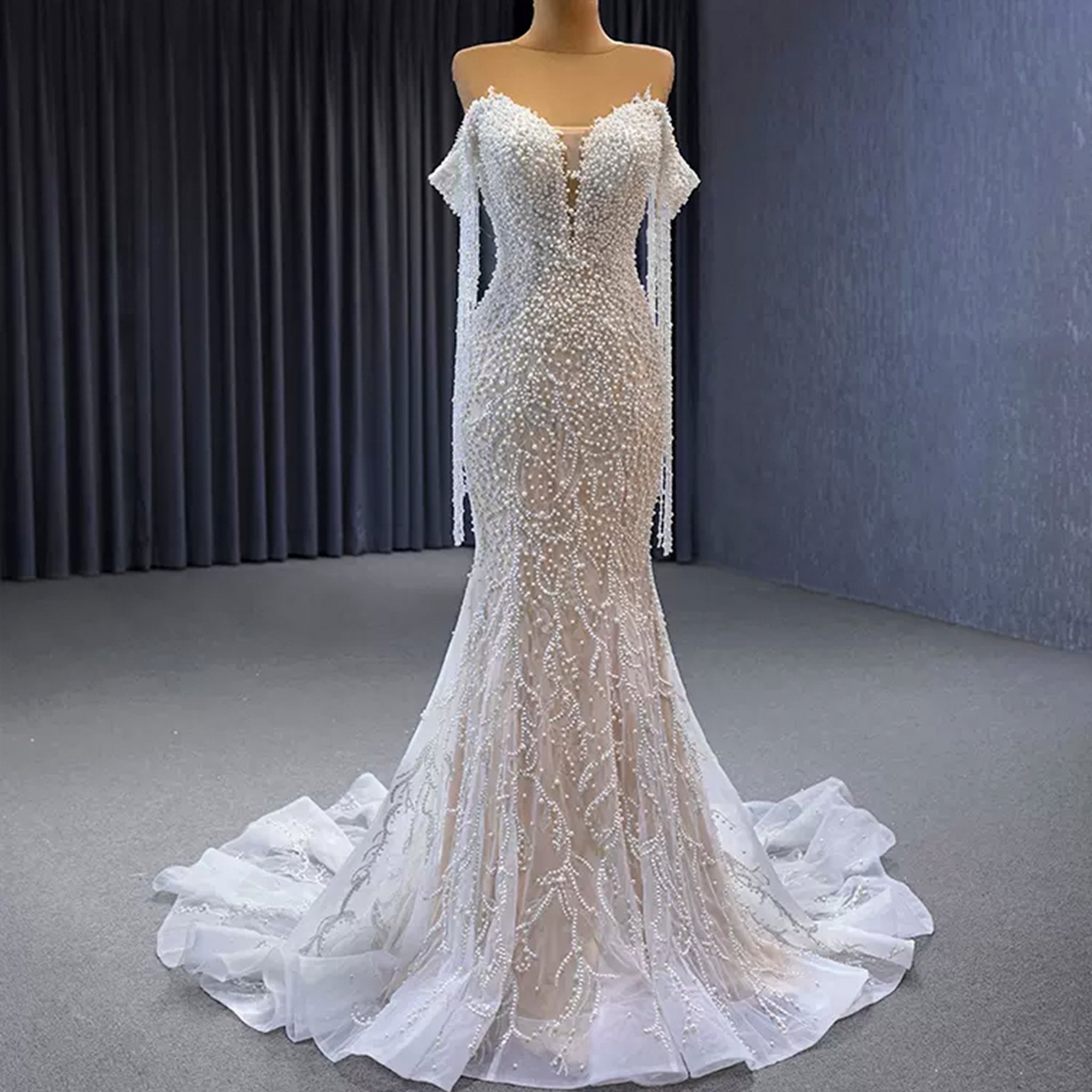 Beaded Pearl Mermaid Wedding Dress Bridal Dress with Off the Shoulder - Rosymae