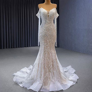 Beaded Pearl Mermaid Wedding Dress Bridal Dress with Off the Shoulder - Rosymae
