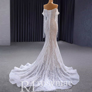Beaded Pearl Mermaid Wedding Dress Bridal Dress with Off the Shoulder - Rosymae