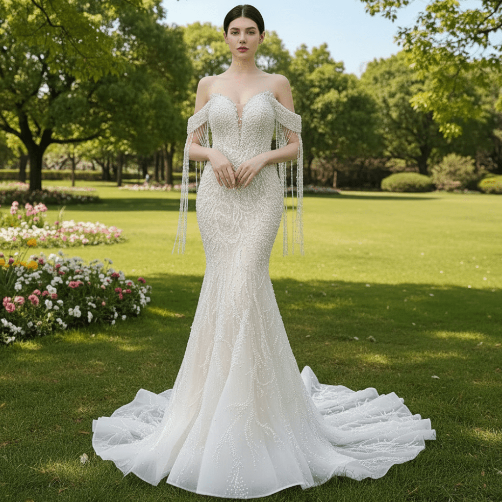 Beaded Pearl Mermaid Wedding Dress Bridal Dress with Off the Shoulder - Rosymae
