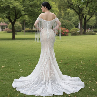 Beaded Pearl Mermaid Wedding Dress Bridal Dress with Off the Shoulder - Rosymae