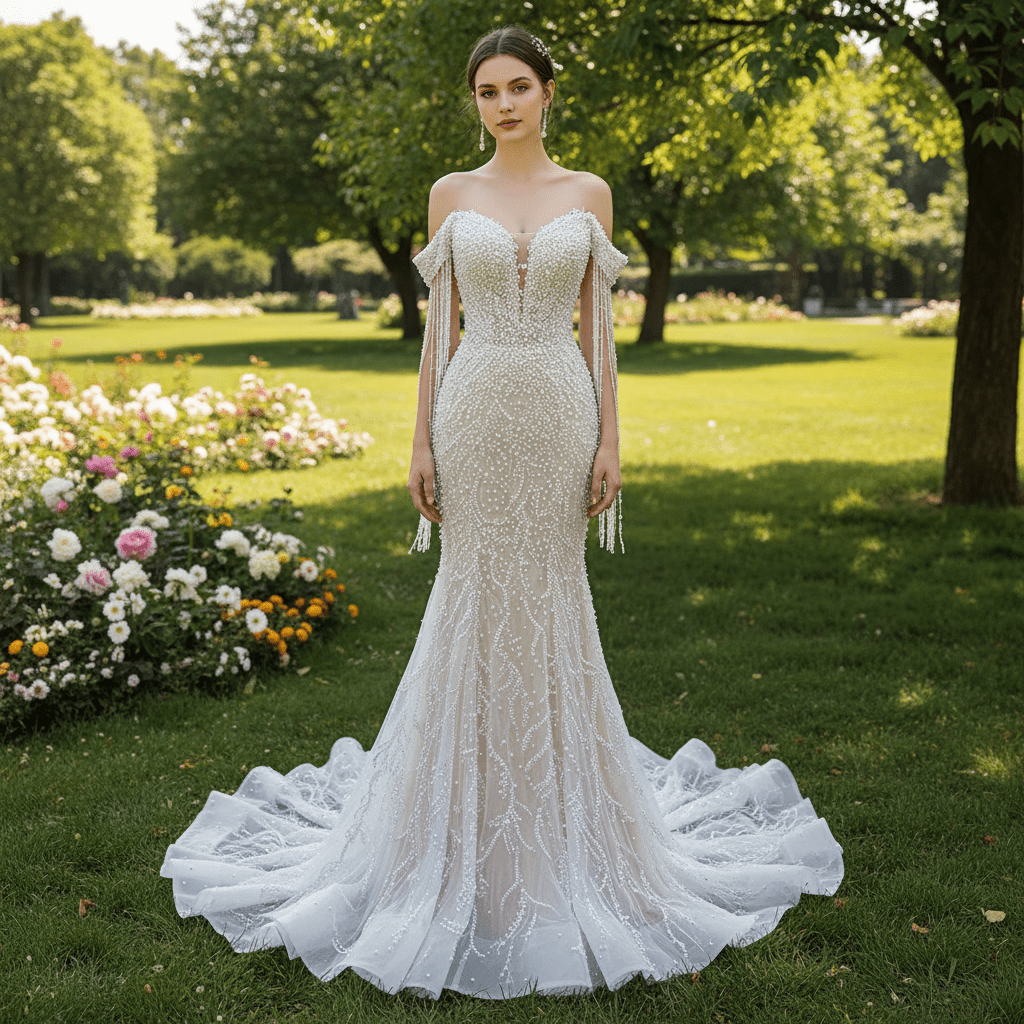 Beaded Pearl Mermaid Wedding Dress Bridal Dress with Off the Shoulder - Rosymae