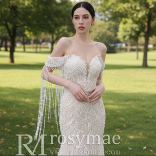 Beaded Pearl Mermaid Wedding Dress Bridal Dress with Off the Shoulder - Rosymae