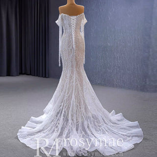 Beaded Pearl Mermaid Wedding Dress Bridal Dress with Off the Shoulder - Rosymae