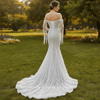 Beaded Pearl Mermaid Wedding Dress Bridal Dress with Off the Shoulder - Rosymae