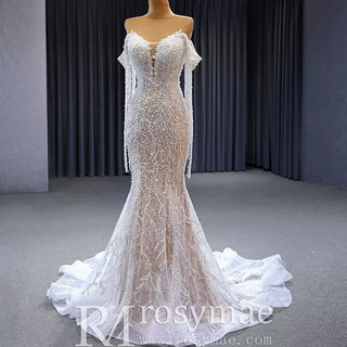 Beaded Pearl Mermaid Wedding Dress Bridal Dress with Off the Shoulder - Rosymae