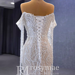 Beaded Pearl Mermaid Wedding Dress Bridal Dress with Off the Shoulder - Rosymae